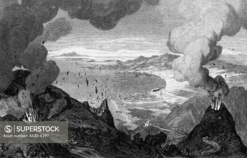 disasters volcanos Mount Vesuvius erruption 24.4.1872 wood engraving after drawing by Robert Keck,