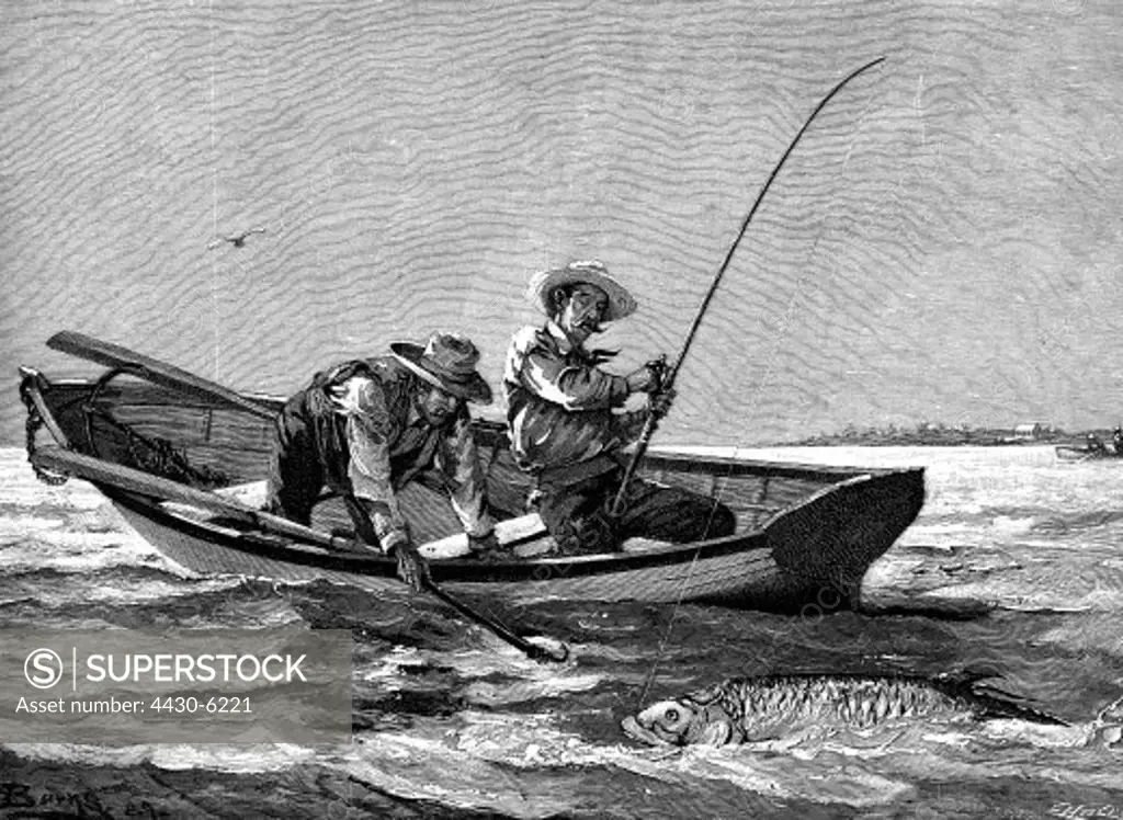 fishing ""Ready to pull in"" wood engraving after drawing by Burns 1889,