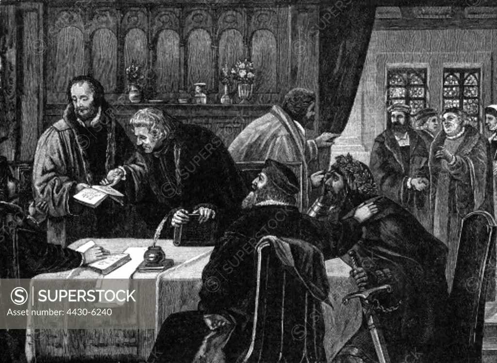 events Protestant Reformation meeting of religious reformers and artists at Willibald Pirckheimer's house in Nuremberg wood engraving after painting by Karl Gottlob Schoenherr,