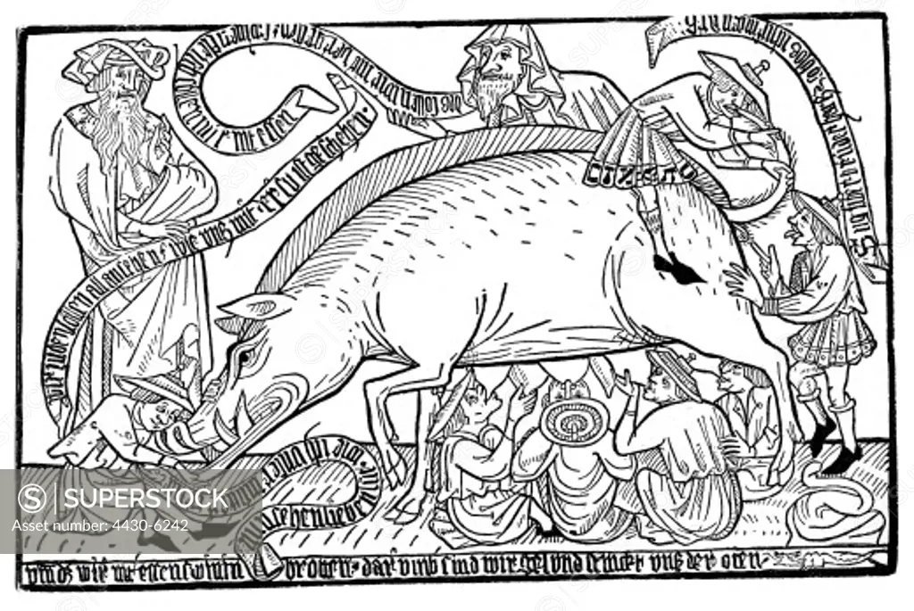 Judaism persecution of the Jews caricature ""The Great Jewish Pig"" woodcut Germany 1475,