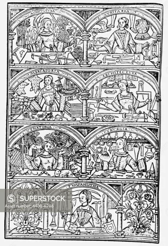allegories different professions: farmer goldsmith merchant architect hunter surgeon and tambourine player Barthelemy de Chasseneuz ""Catalogus de gloriae mundi"" Lyon 1529,