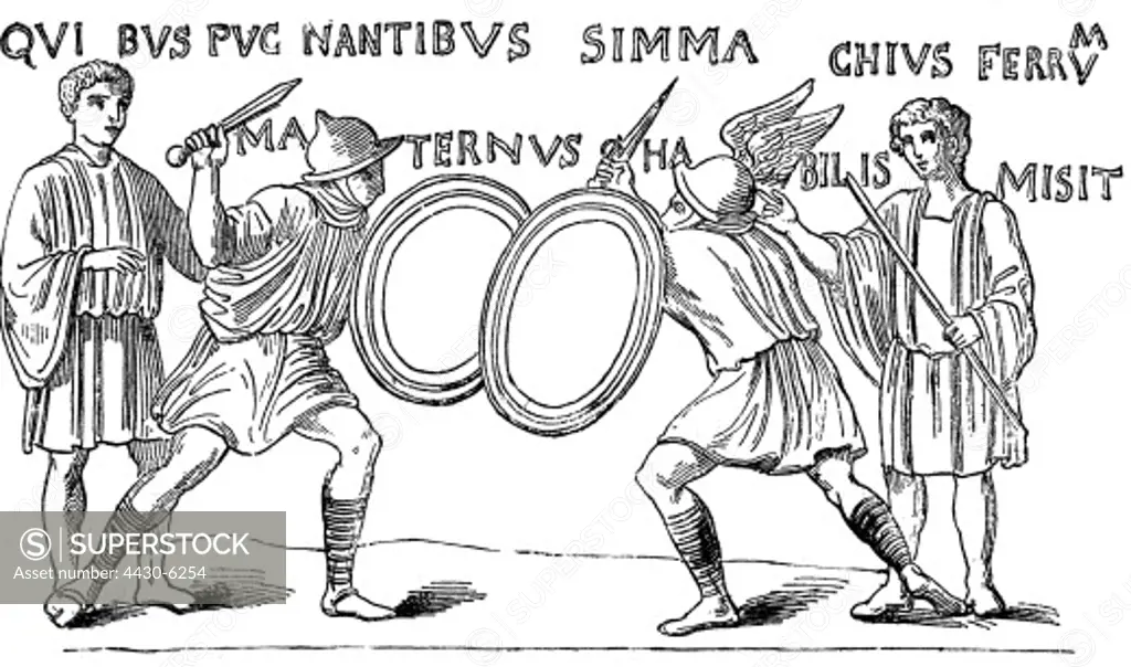 ancient world Roman Empire gladiators duel of dismounted Equites aside two referees drawing 19th century after ancient illustration,