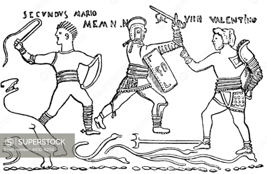 ancient world Roman Empire gladiators Venator and duel between a Secutor and a Retarius relief on an urn Colchester England 1st century AD drawing 19th century,
