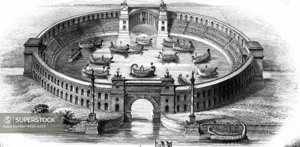 ancient world Roman Empire games Naumachia (arena of naval battles) of the emperor Domitian (reigned 79 - 89 AD) reconstruction wood engraving 19th century,