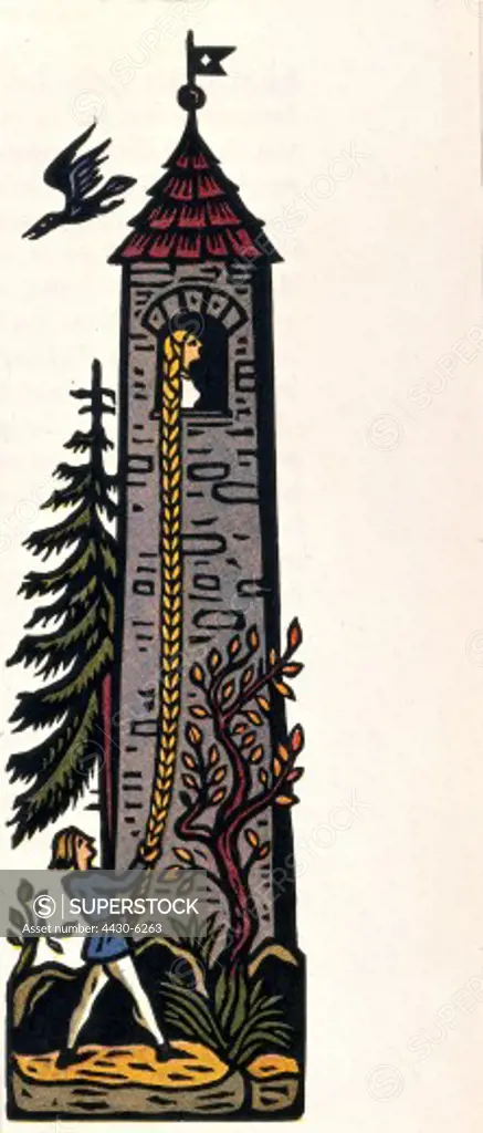 literature fairy tale Grimm's Fairy Tales ""Rapunzel"" woodcut by Dr. Alfred Zacharias ARTIST'S COPYRIGHT MUST ALSO BE CLEARED,
