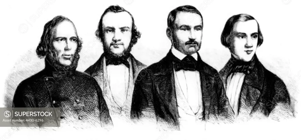 science African studies explorer from left: James Richardson (1809 - 1851 Adolf Overweg (1822 - 1852) Heinrich Barth (1821 - 1865) and Eduard Vogel (1829 - 1856) portraits wood engraving 19th century,