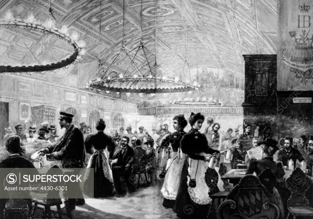 Germany Munich gastronomy ""Hofbr_uhaus"" interior view great hall after drawing by A.Kirchner wood engraving circa 1895,