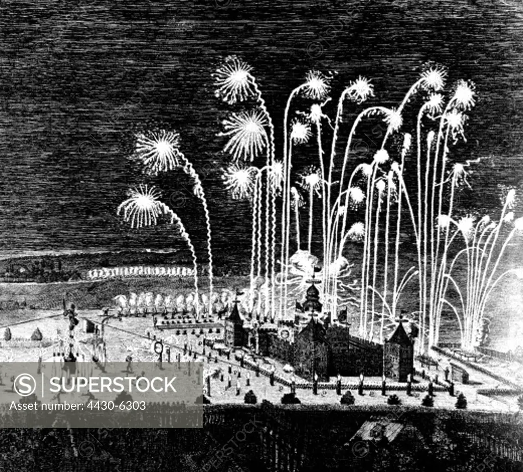 festivities fireworks fireworks on the occasion of the ratification of the definite version of the Westphalian peace in Nuremberg 25.9.1649 engraving by Michael Herz detail 1650,