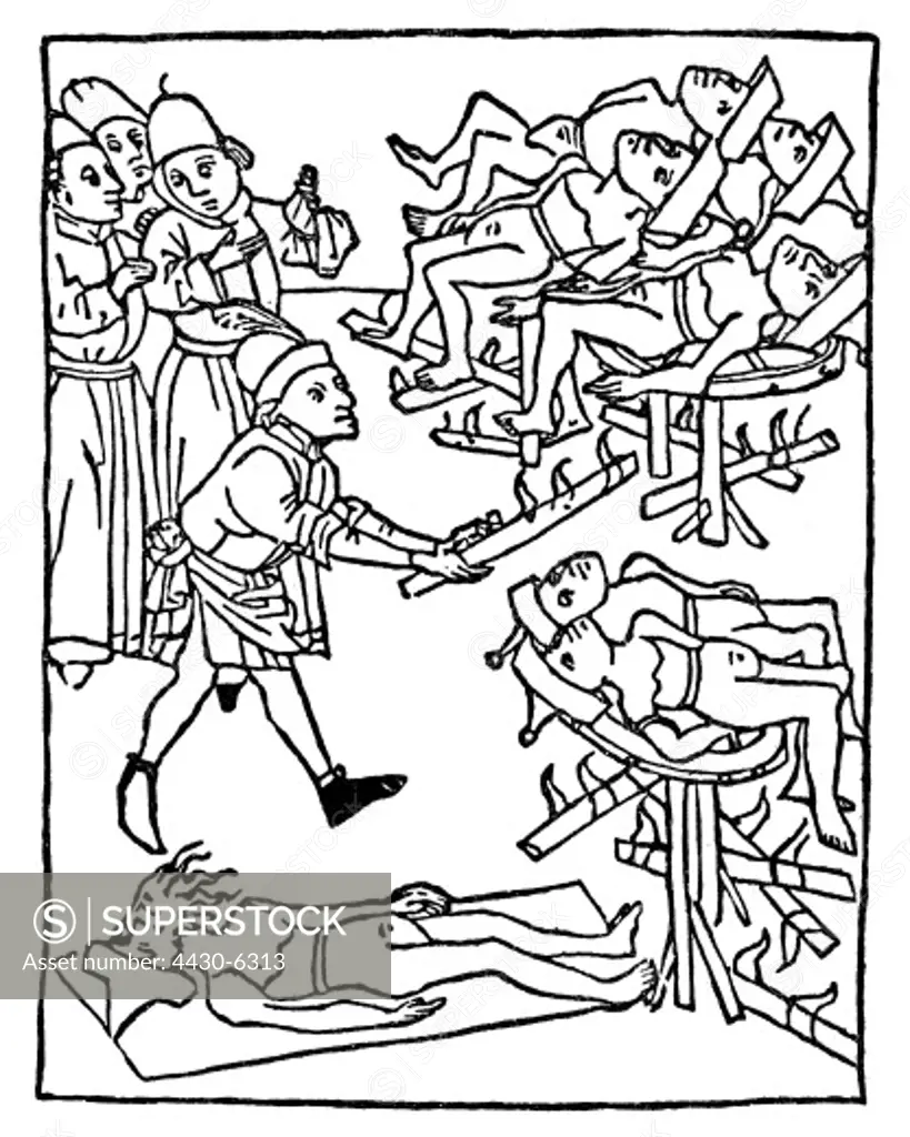 Judaism persecution of the Jews Jews are braided onto the wheel woodcut 1475,