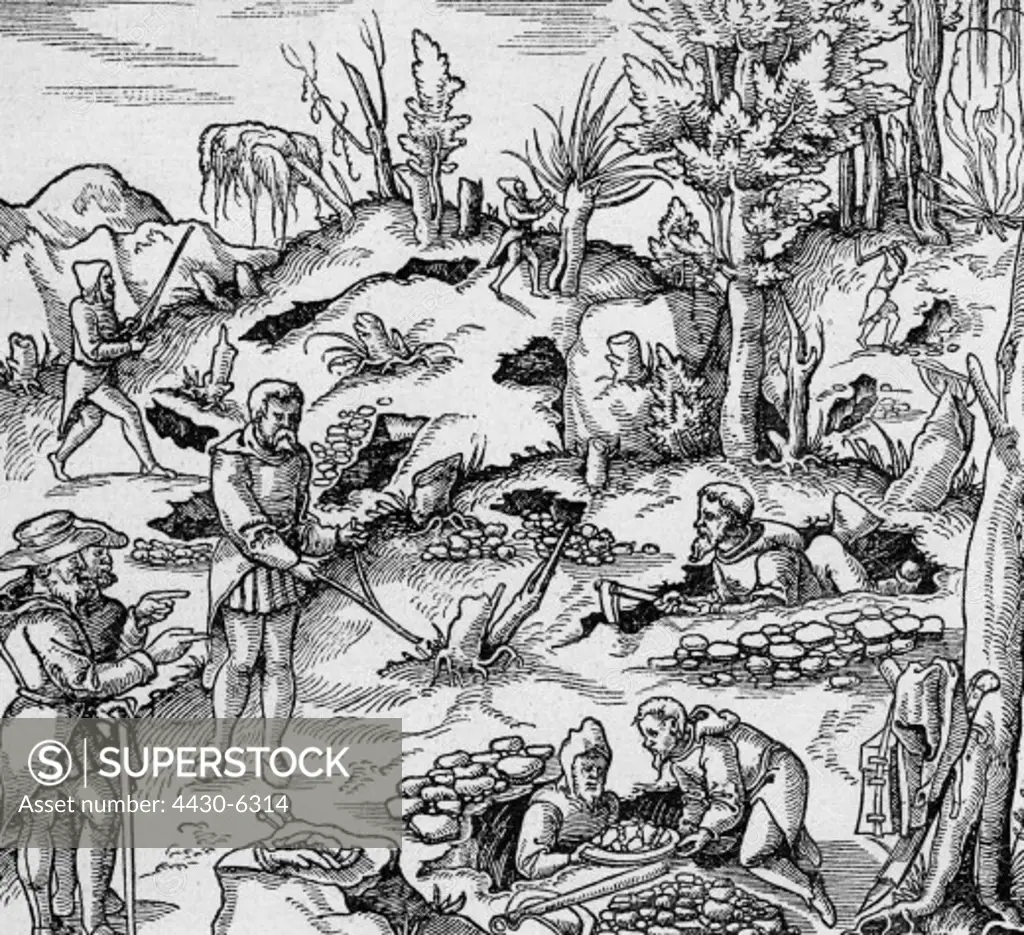 mining exploration of deposits coloured woodcut ""De re metallica libri XII"" by Georgius Agricola 1556 printed by Johann Froben private collection,