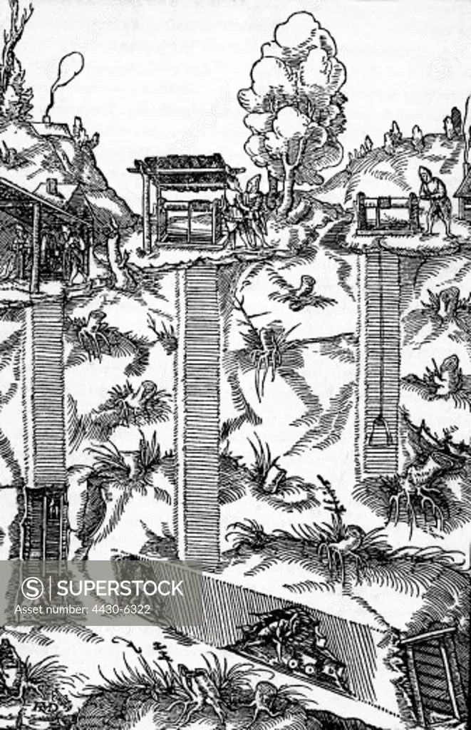 mining shafts adits different ways to enter the mine shaft woodcut from ""Vom Bergwerk"" (About the Mine) by Georgius Agricola (born Georg Bauer 1494 - 1555) 1557,