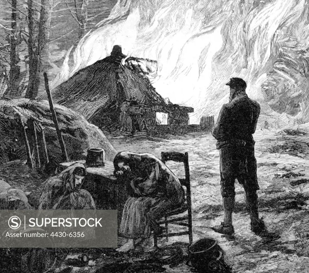 geography/travel Ireland disturbances 1881 terror of the ""Moonshine Boys"" burning down a farmhouse contemporary engraving 19th century Great Britain,