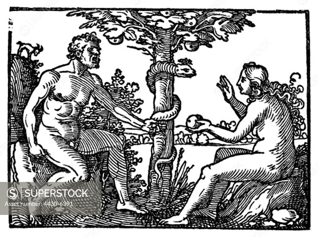 religion biblical scenes Adam and Eve woodcut by Hans Sebald Beham ""Biblicae historiae"" 1537,