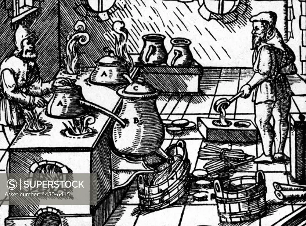 alchemy laboratory extraction of sulphuric acid by spreading with gravel through destillation woodcut after Georg Agricola (1494 - 1555),