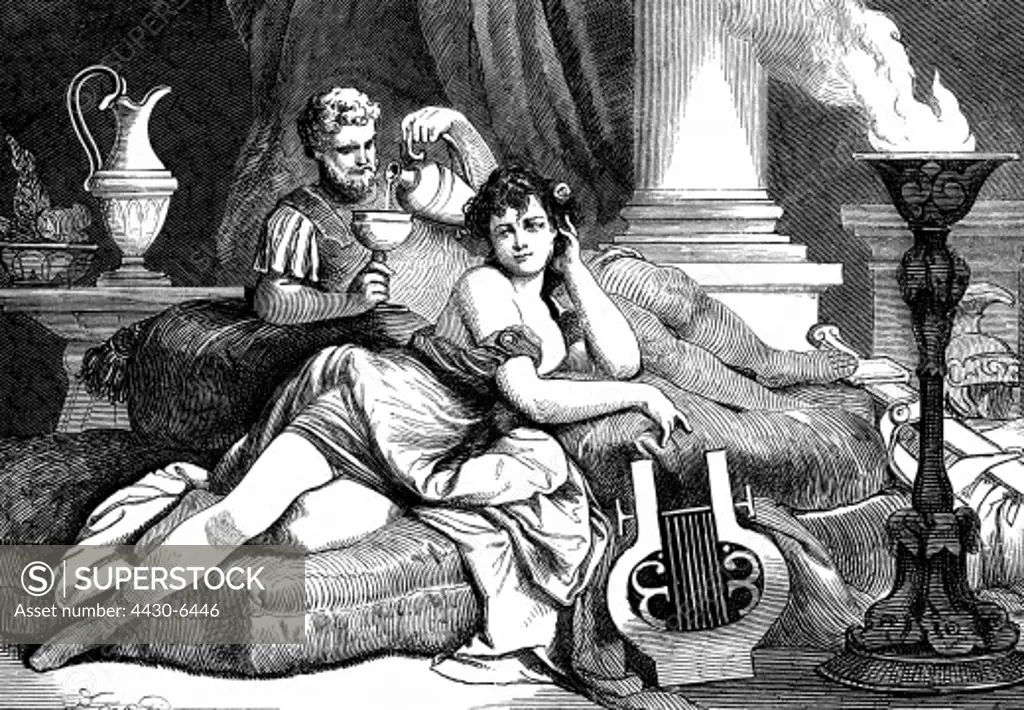 Ancient World Roman Empire people military leader having a feast with his mistress wood engraving 19th century,