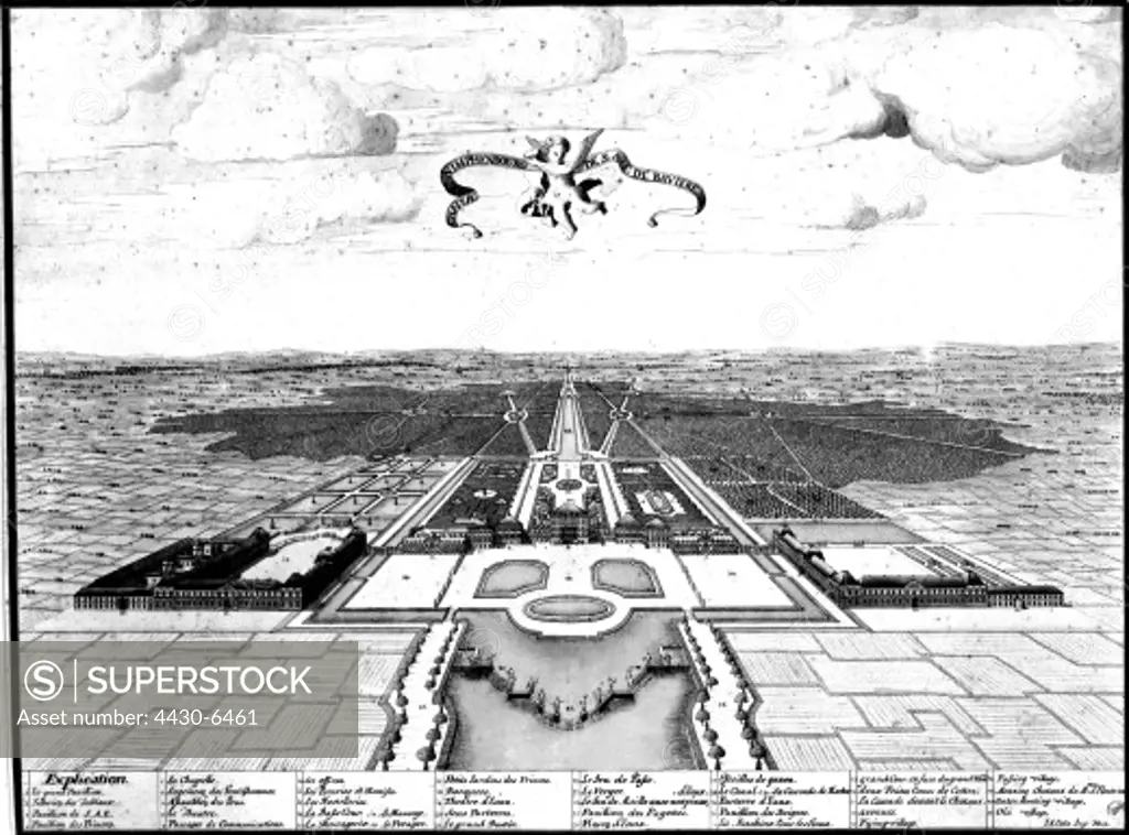 Germany Munich Nymphenburg Palace built 1664 - 1675 by Agostino Barelli extended 1702 - 1704 by Enrico Zucarelli and Giovanni Antonio Viscardi aerial view copper engraving by J. A. Zisla circa 1730,