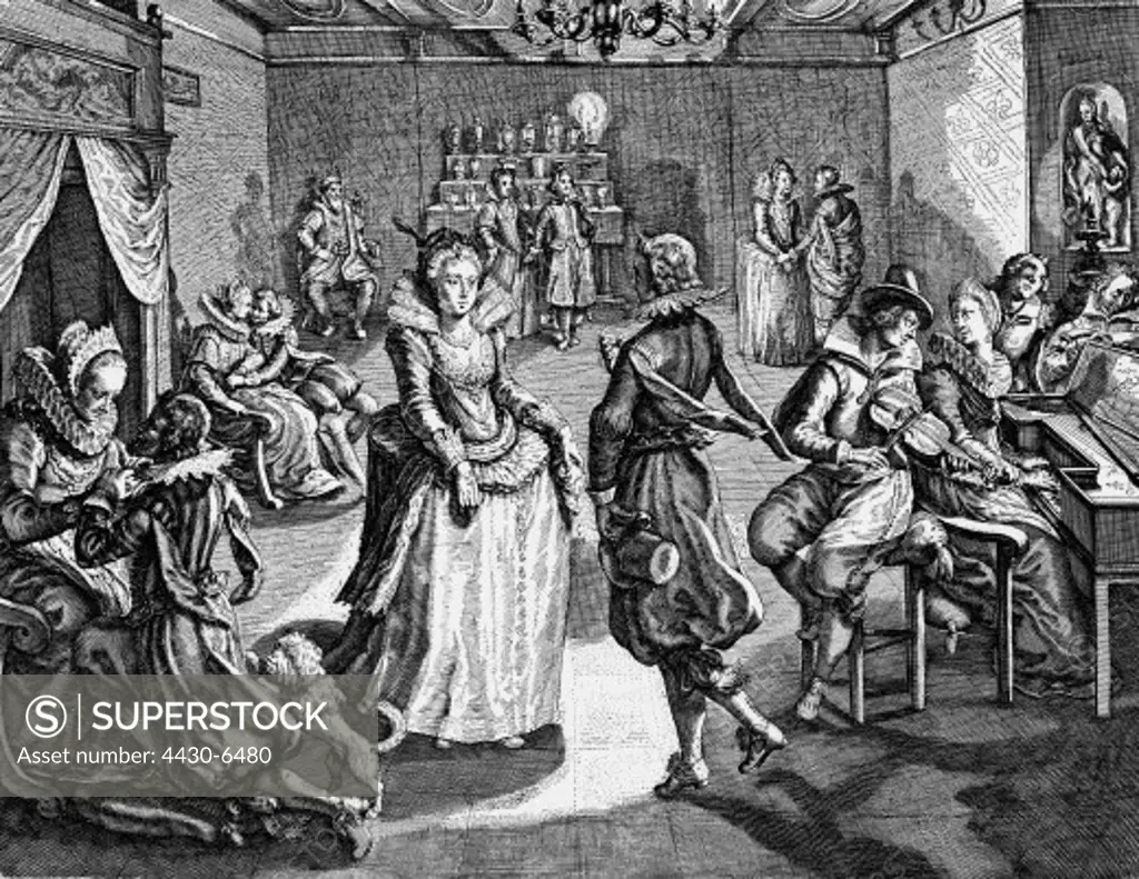 dance dancers dancing couple Parable of the Prodigal Son copper engraving by Crispin de Passe circa 1590,