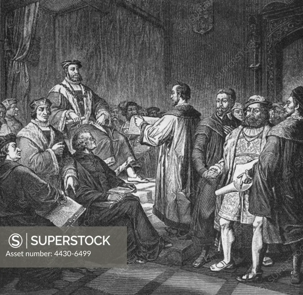 events Protestant Reformation Peace of Augsburg 25.9.1555 protestant princes presenting King Ferdinand I their confession engraving 19th century Reichstag assembly Germany religion Holy Roman Empire 16th century,