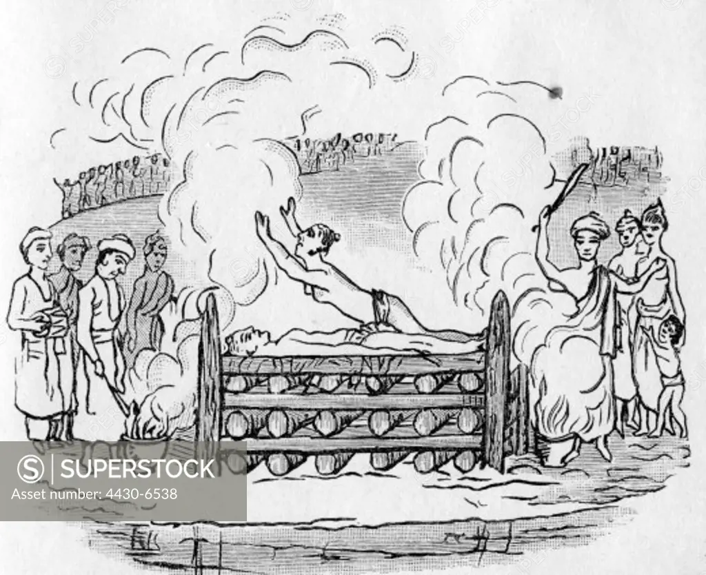 religion hinduism Sati engraving drawing 19th century India cult burning widow funeral suttee historic historical female woman male man men,