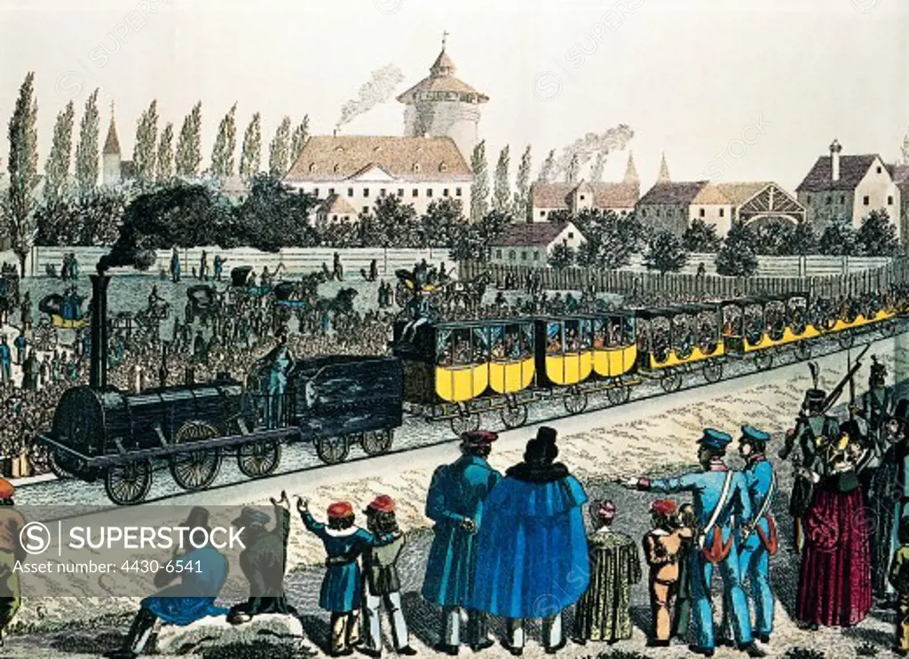 traffic railway opening Ludwigsbahn between Nuremberg and Fuerth 7.12.1835 coloured engraving by Carl von Heideloff (1789-1865) first railroad railway line historic historical Germany public viewers specatars advance event events,