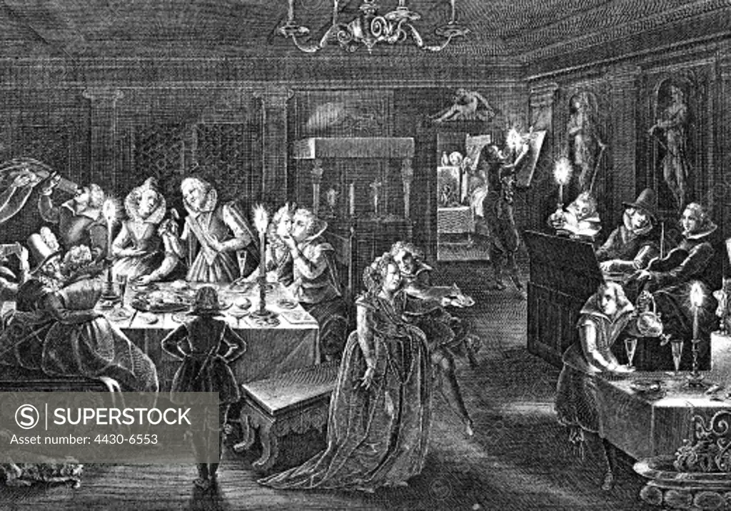 festivities orgies binges harem feasts binge at night after Gabriel Weyer (1580 - 1640) copper engraving by Peter Isselburg (circa 1580 - 1630 1631) 1613,