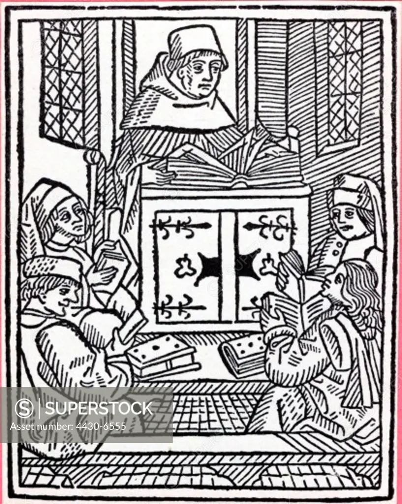 education university lecture woodcut from ""De declaratione difficilium terminorum"" by Armandus de Bellovisu Cologne 1499,