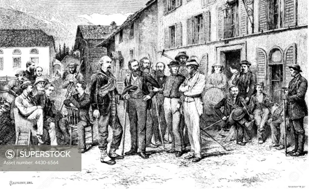 Mountaineering clubs Alpine Club foundes 1857 in London excursion at Zermatt wood engraving after drawing by Edward Whymper 1864,