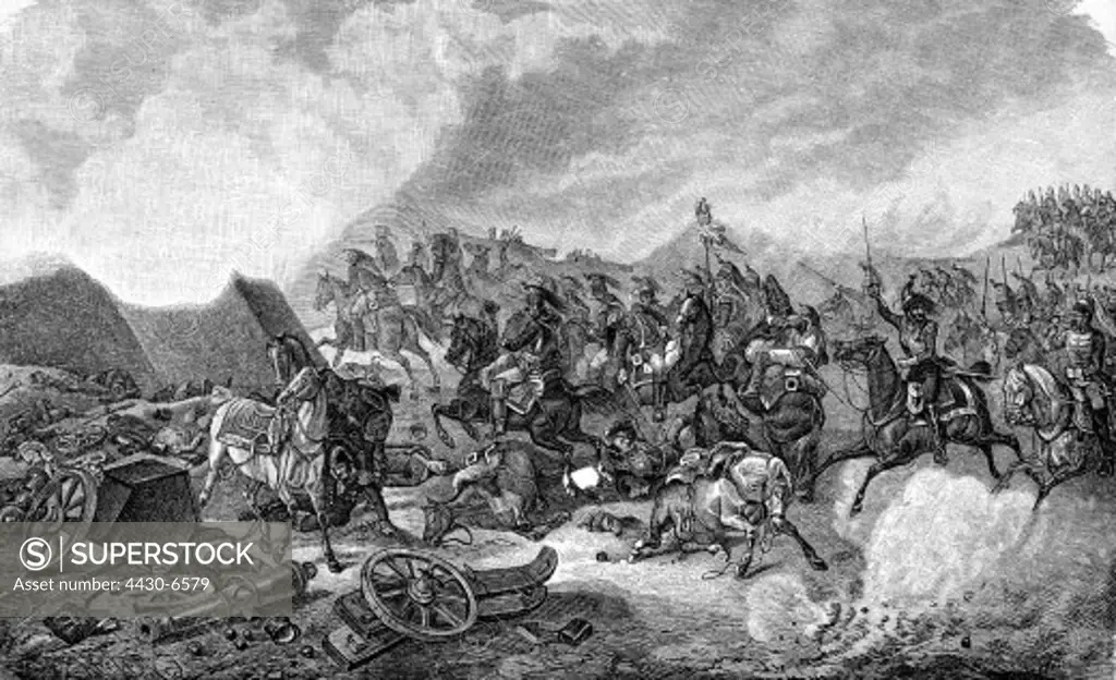 events War of the Sixth Coalition 1812 - 1814 Russian campaign 1812 Battle of Borodino 7.9.1812 French cavalry storming the Great Redoubt wood engraving after drawing by Albrecht Adam (1767 - 1862),