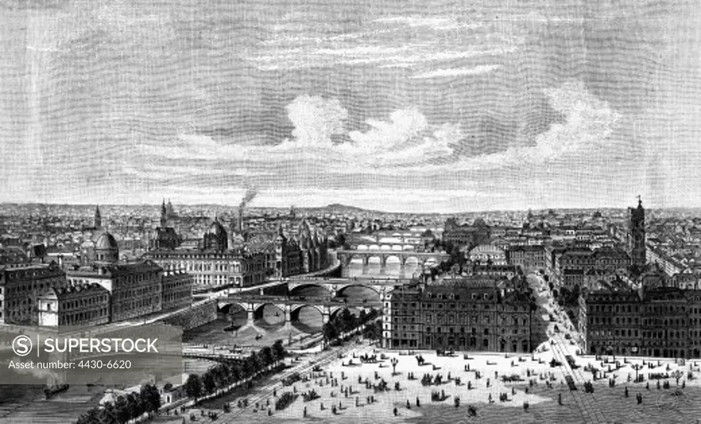France Paris overview view from church Sainte Gervais on river Seine wood engraving 2nd half 19th century,