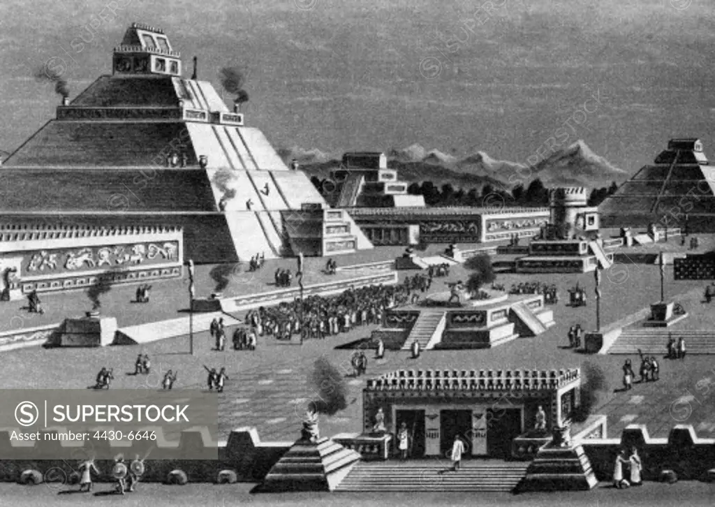 Mexico Aztec Empire Tenochtitlan temple area of Quetzalcoatl reconstruction drawing 19th century,