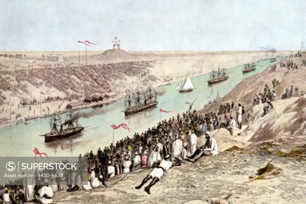 Egypt Suez Canal opening 17.11.1869 ships of foreign princes in canal contemporary coloured wood engraving,