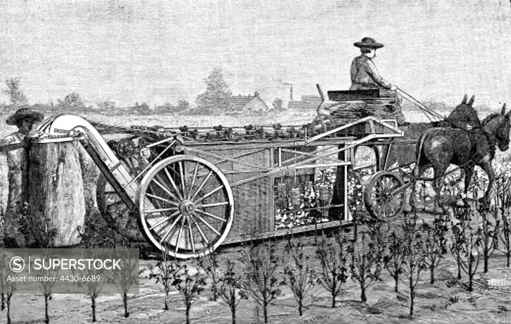 agriculture machines harvester for cotton USA wood engraving from: ""Scientific American"" late 19th century,