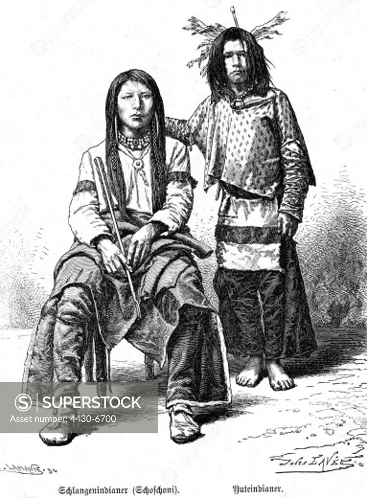geography/travel USA people Native Americans tribes Shoshone and Yute engraving by Charles Laplante after drawing by Jules Lavee 19th century American Indians North America,