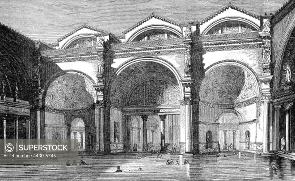 Italy Rome Thermae of Caracalla built 212 - 216 interior view Frigidarium wood engraving after reconstruction by Eugene Viollet-Le-Duc 19th century,