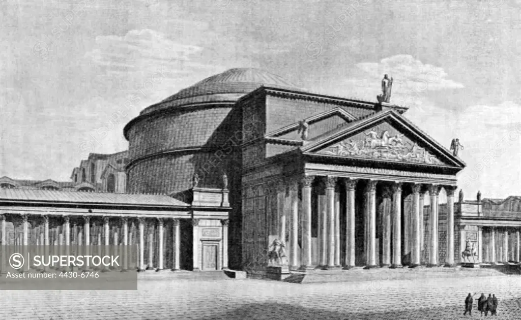 Italy Rome Pantheon of Agrippa built 27 - 25 BC exterior view wood engraving after reconstruction by Canina 19th century,