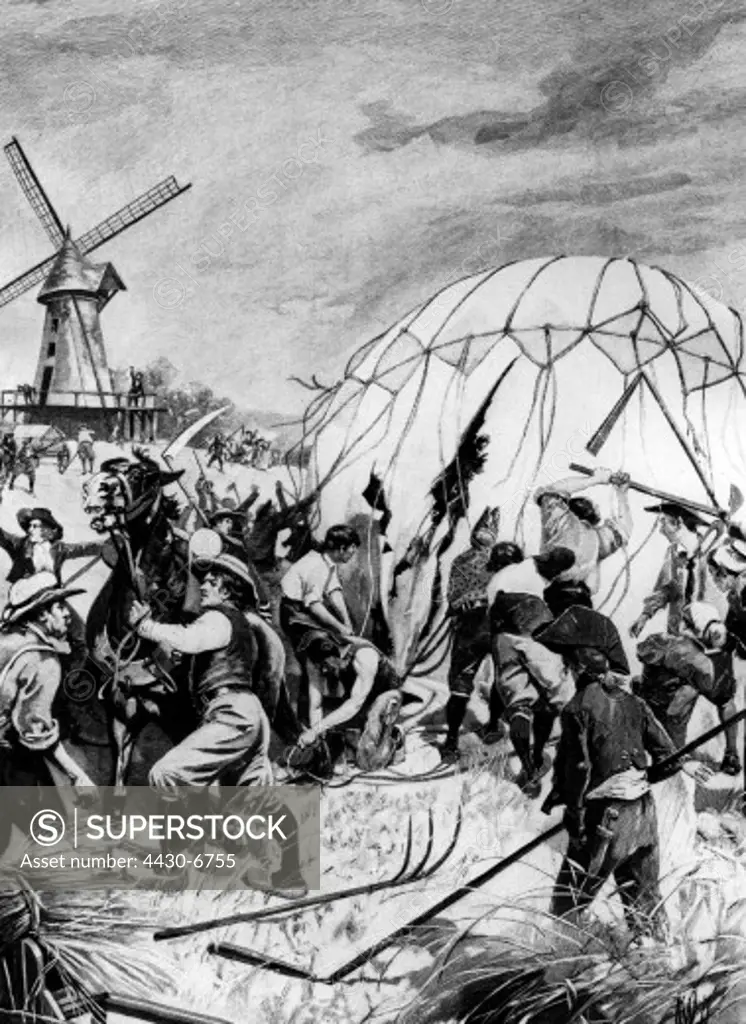transport transportation aviation balloons hydrogen balloon ""Charliere"" built by brothers Anne-Jean and Nicholas-Louis Robert for Jacques Charles is destroyed by peasants Gonesse near Le Bourget 28.8.1783 wood engraving 1892,