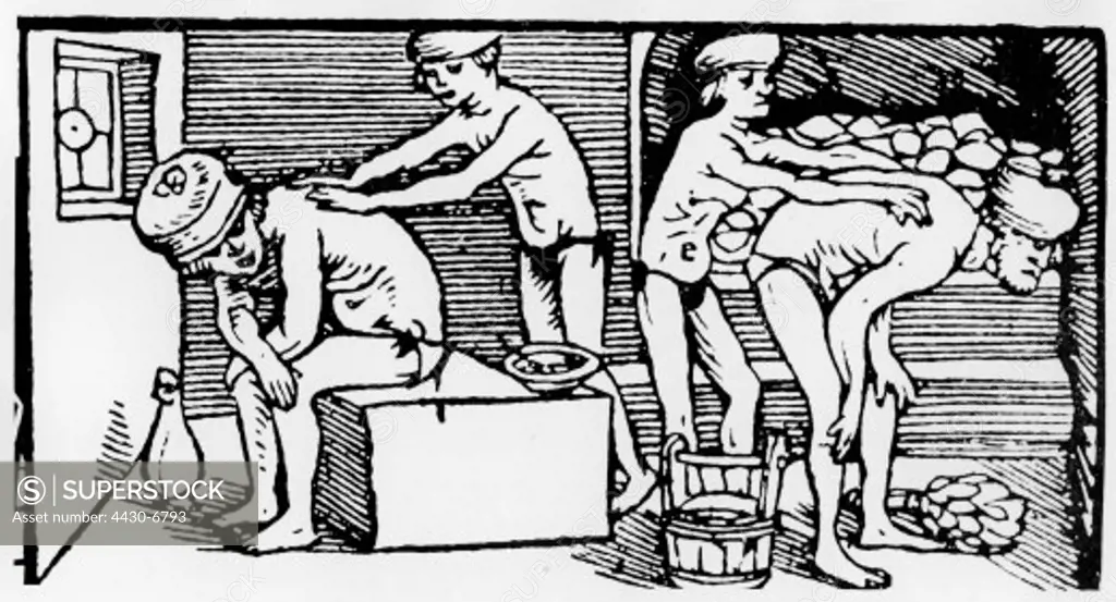 bathing bath house bath house servants massaging the back of bathers woodcut by Schott circa 1533,