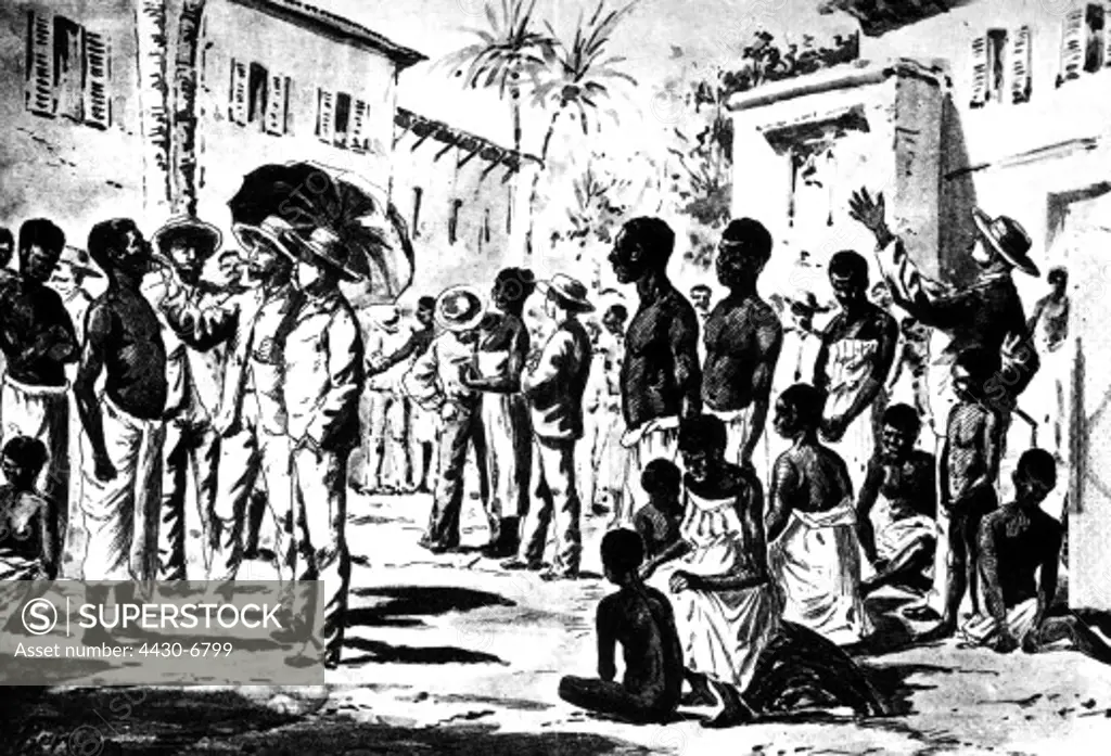 slavery slave trade slave market on Cuba wood engraving 1896,