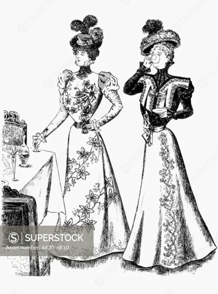 fashion 19th century ladies fashion Germany Five-o-clock-tea-desses wood engraving 1898,