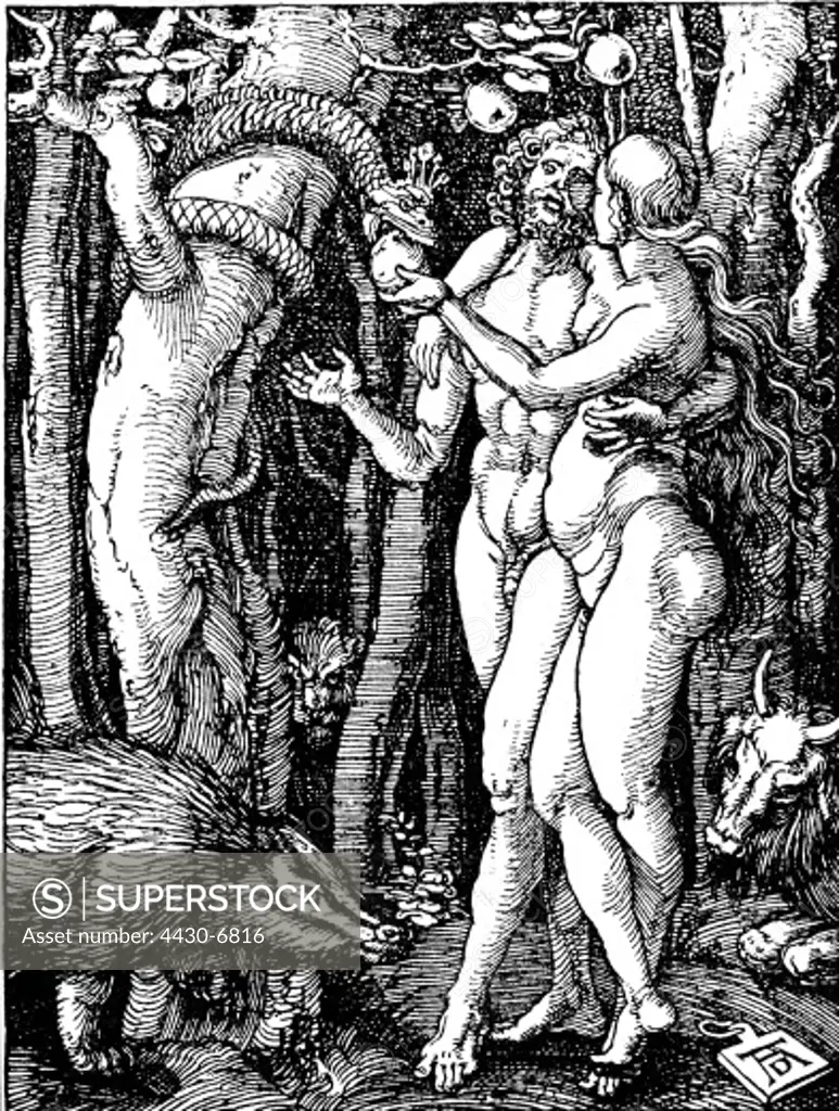 religion biblical scenes Adam and Eve the Fall of Man woodcut by Albrecht Duerer circa 1510,
