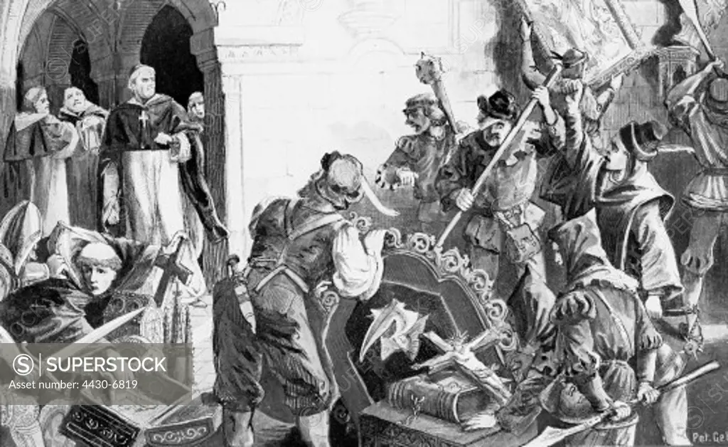 events Protestant Reformation 1517 - 1555 iconoclasm Protestant soldiers destroying paintings and religious objects in Wittenberg illustration after a painting by Peter Geh late 19th century,