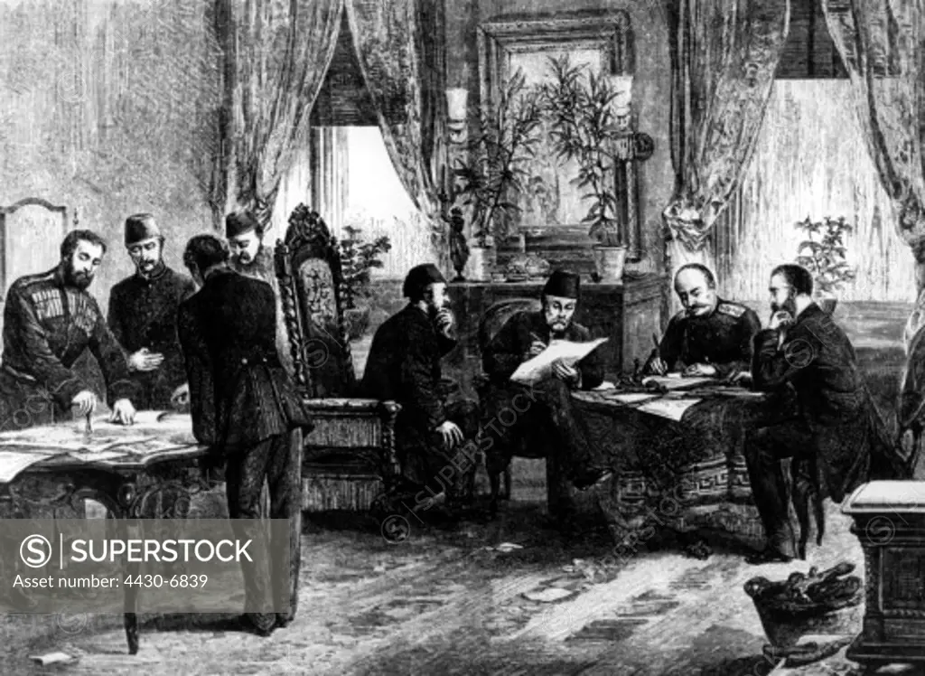 Russo-Turkish War of 1877-1878 signing of the Treaty of San Stefano 3.3.1878 wood engraving 19th century,