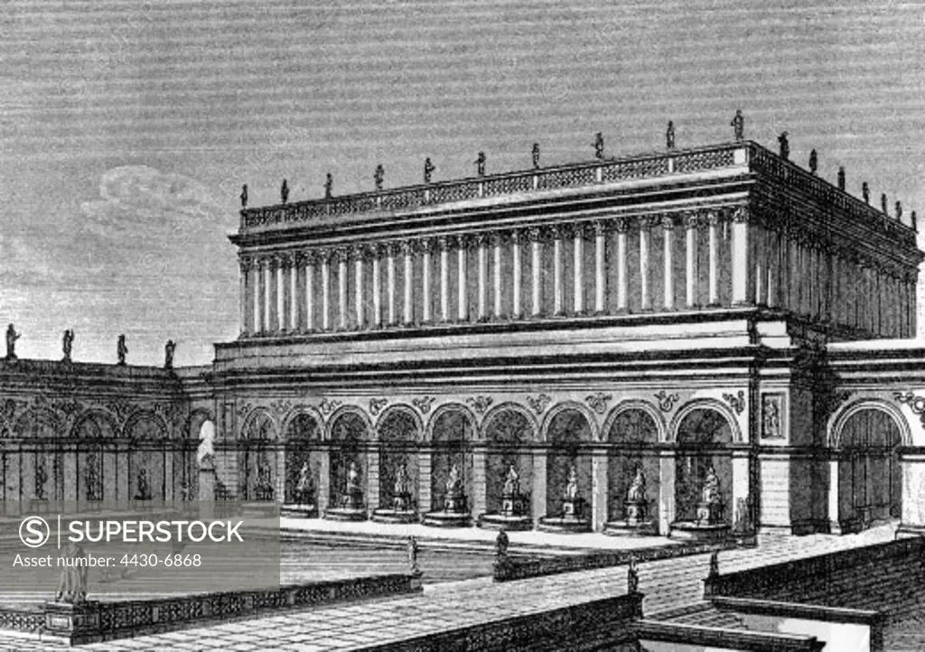 geography/travel Rome ""Golden House"" (Domus aureus) of Emperor Nero 64 - 69 AD ""House of the seven halls"" exterior view reconstruktion by Canina engraving 19. century,