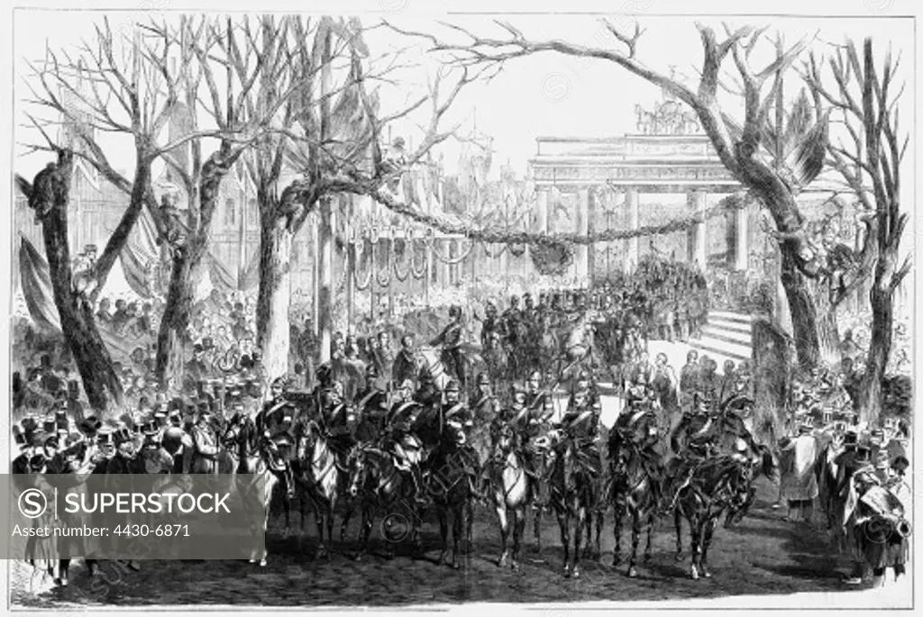 events Second Schleswig War 1864 end of the war Prussian troops returning home to Berlin 7.12.1864 parade at the Brandenburg Gate wood engraving drawing by Mende 19th century published on 17.12.1864,