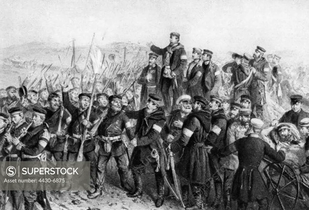 events Second Schleswig War 1864 Battle of Dybbol 18.4.1864 Crown Prince Frederick William and field marshal Friedrich von Wrangel greeting the victorious troops lithograph by Salpius 19th century,