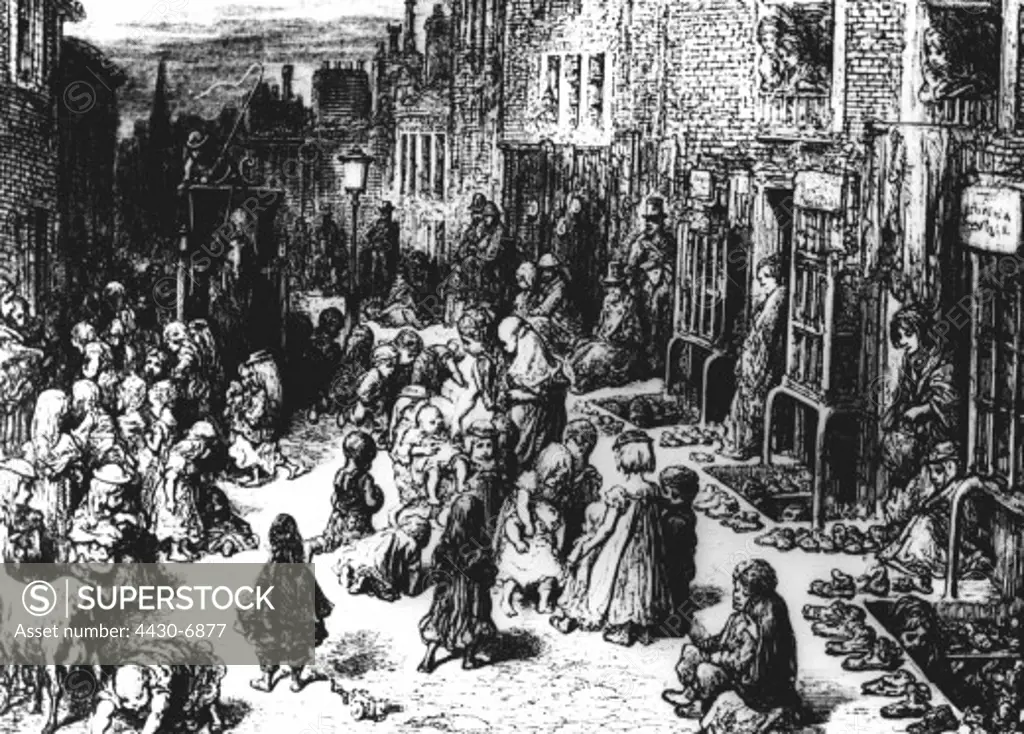 medicine pandemic diseases tuberculosis British slums with sick persons drawing by Gustave Dor late 19th century,