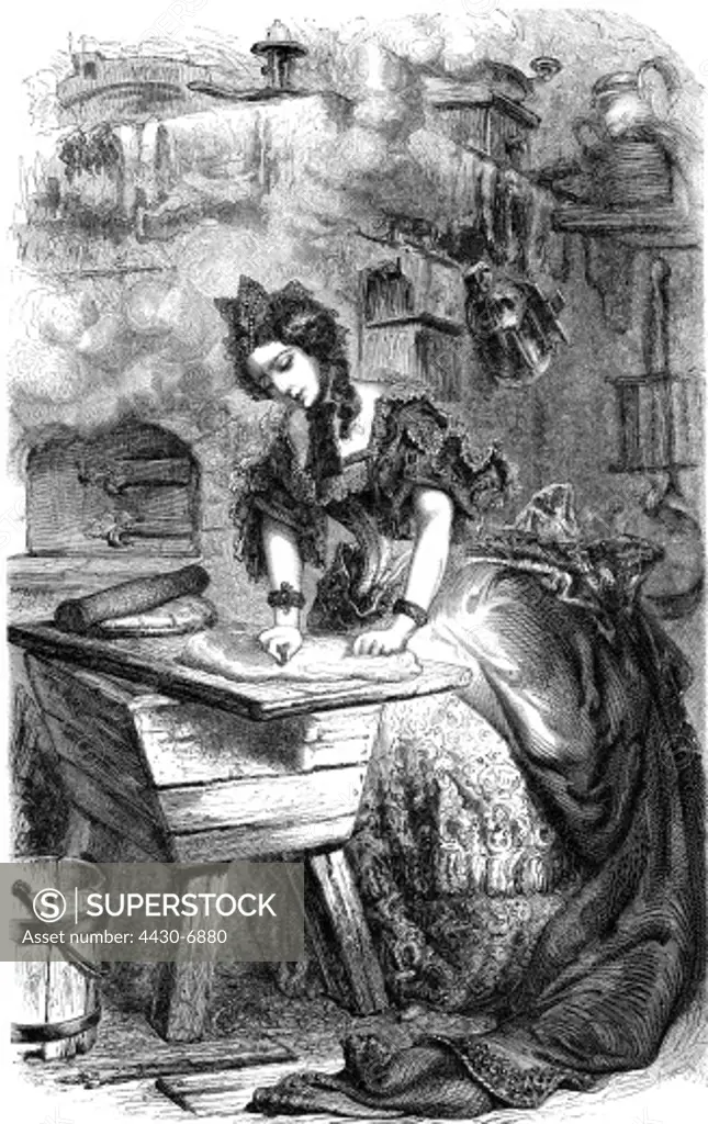 literature fairy tales ""Donkeyskin"" (Peau d'ane) by Charles Perrault (1628-1703) scene the cake princess rolling pastry wood engraving 19th century,