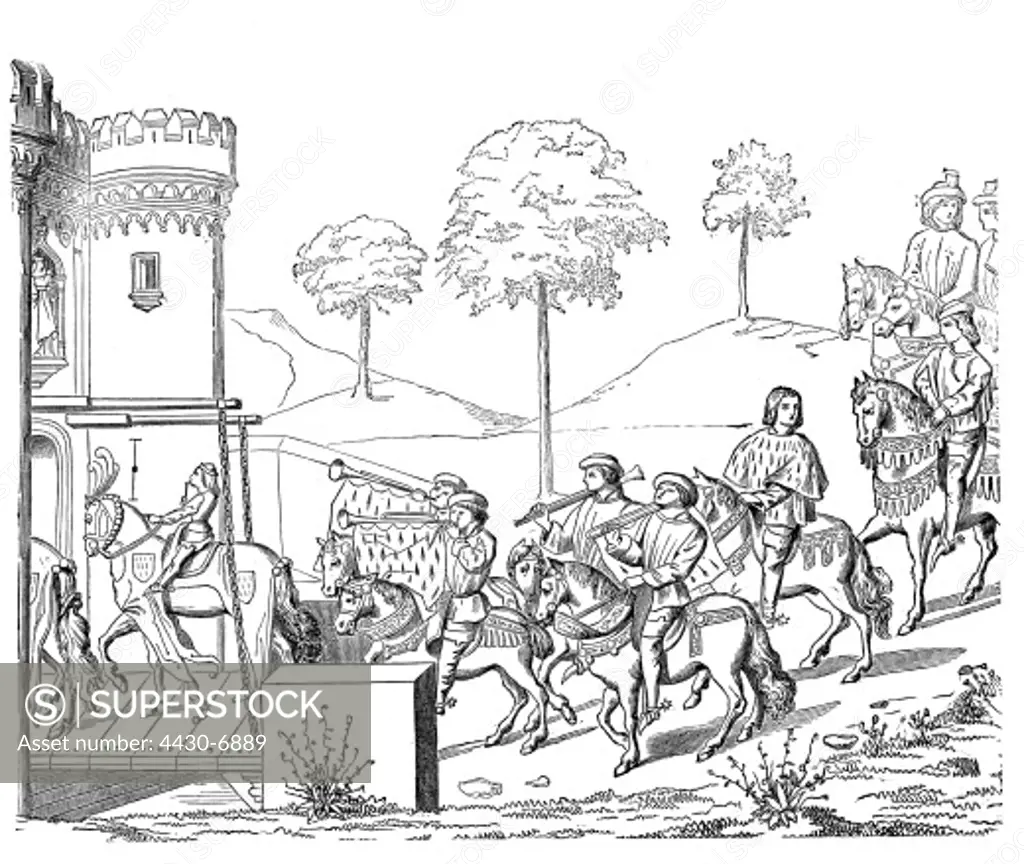 Middle Ages knights entering a castle wood engraving 19th century,