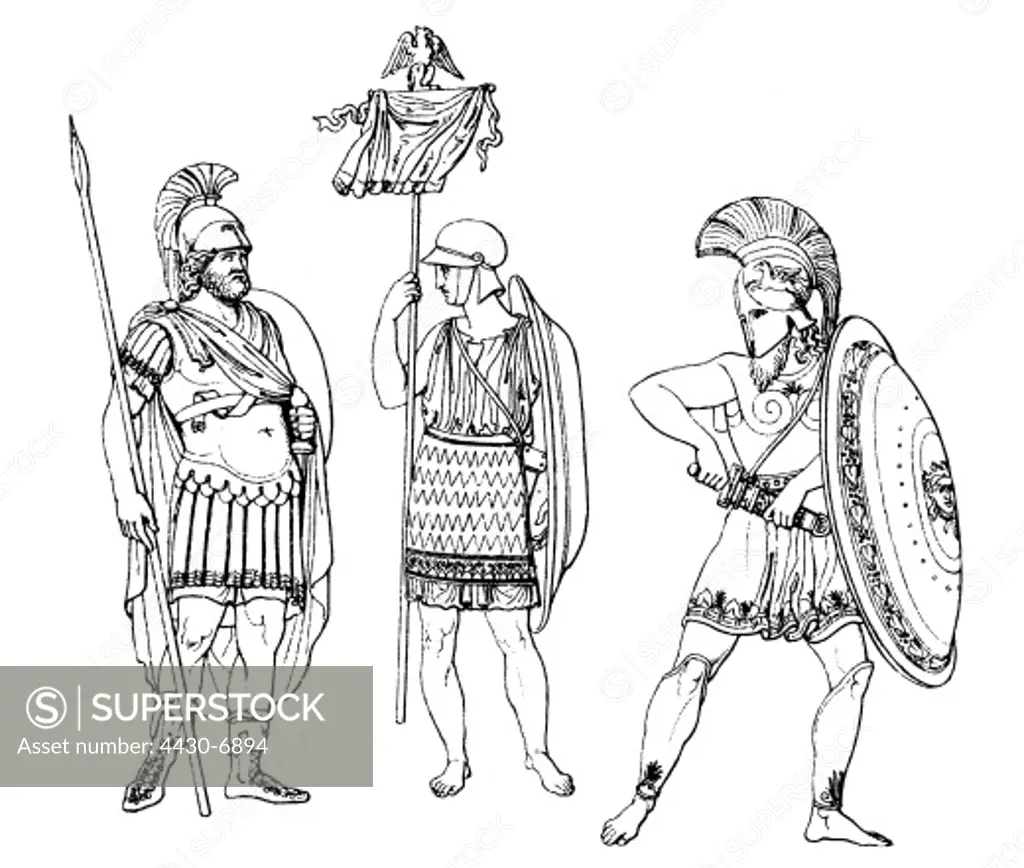 military Ancient World Roman and Greek warriors wood engraving 19th century,