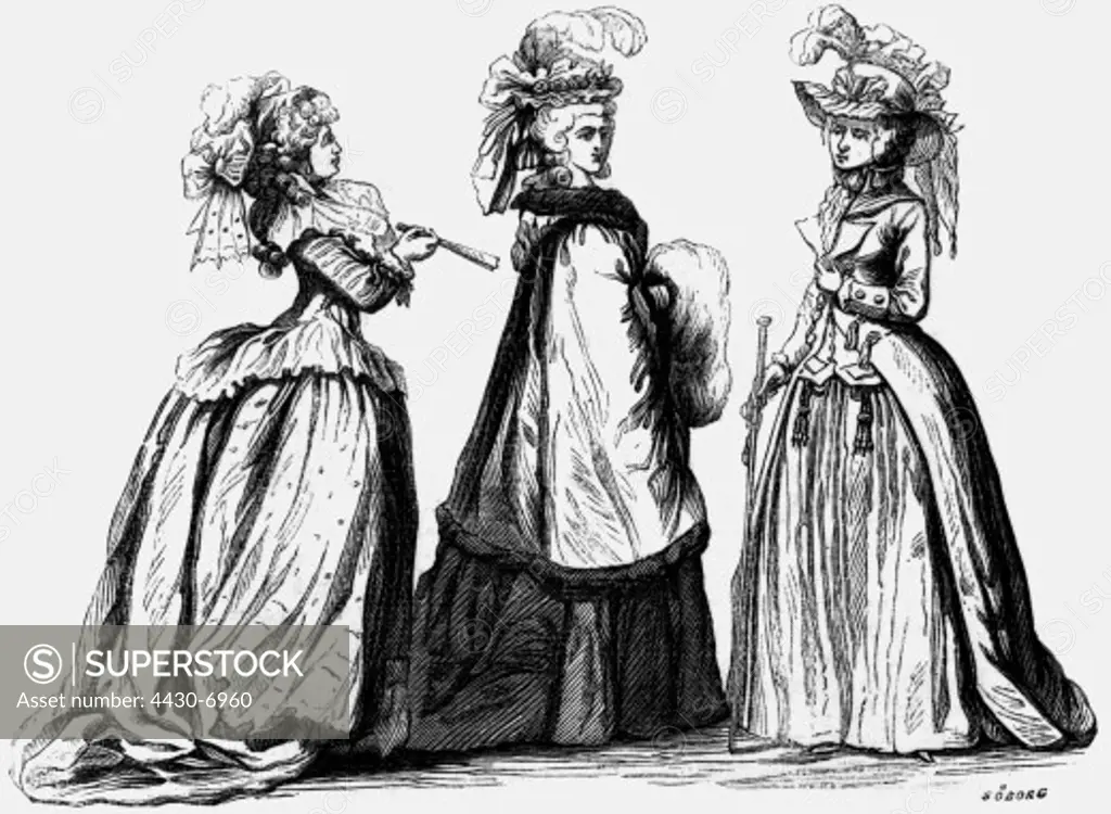 fashion 18th century France ladies fashion 1785 - 1787 wood engraving after drawing by Soedorg circa 1871,